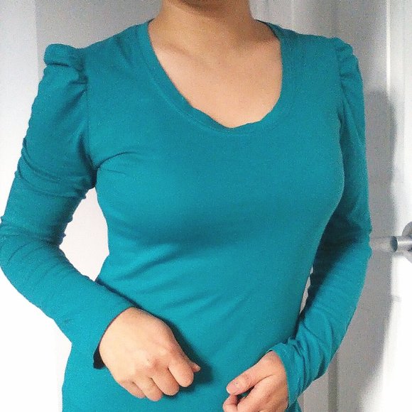 Teal Blue Ruched Puff Sleeve Top - Picture 6 of 9
